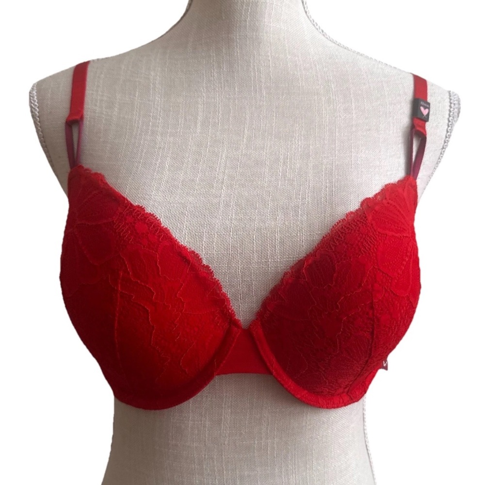 Victoria's Secret Bra 32DDD Body Lined Demi Red Lace Hot Pink Strap Details